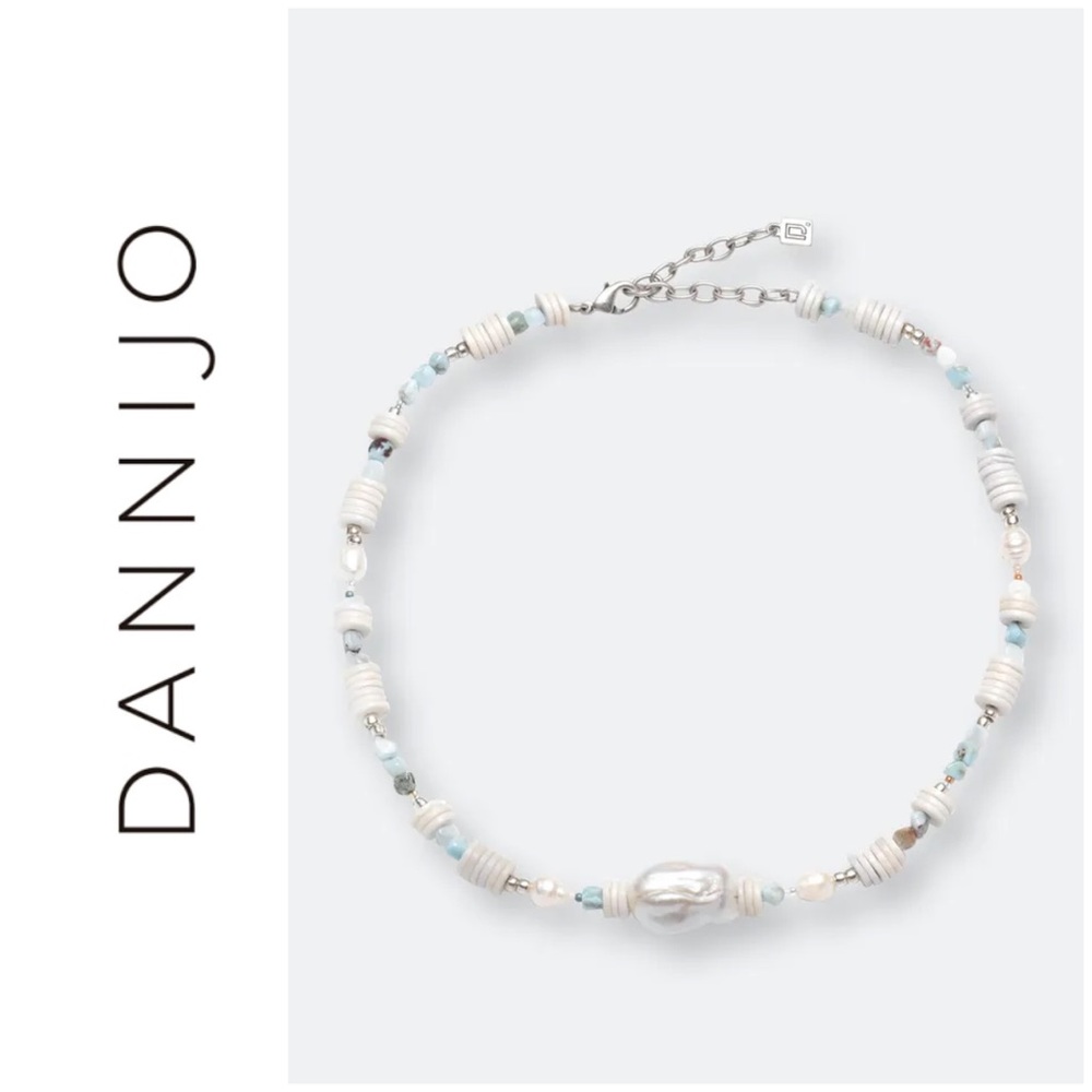 DANNIJO Riviera Freshwater Pearl, Heishi, & Larimar Beaded Necklace NWT